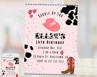 May include: Pink birthday invitation with a cow print design. The invitation says "Saddle Up For Ellie's 14th Birthday" with details for the party.