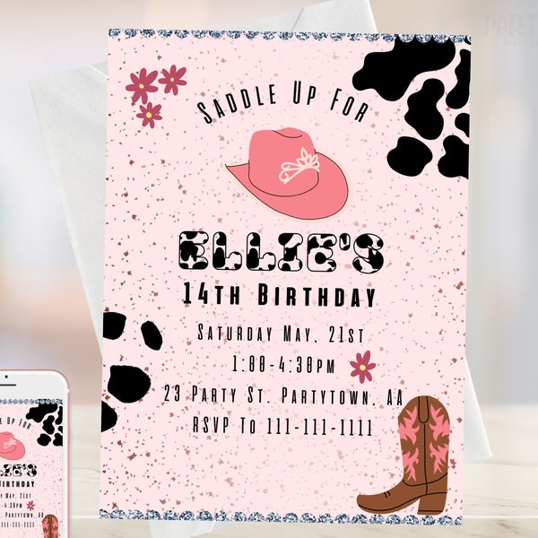 Editable Cowgirl Birthday Invitation, Pink Cowgirl Invite, Saddle Up Invitation, Rodeo Invitation, Horse Party Invitation, Digital Download