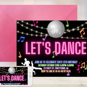 Dance Birthday Party Invitation, Editable Disco Birthday Invitation, Lets Dance Birthday Invitation, Neon Dance Invitation, Digital Download