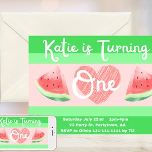 Printable Watermelon Birthday Invitation, Girl First Birthday Watermelon Party Invite, Watermelon Download, Digital File