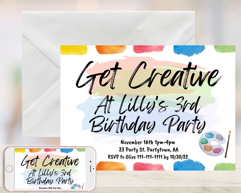 Editable Art Birthday Invitation, Painting Invite, Get Creative Invite