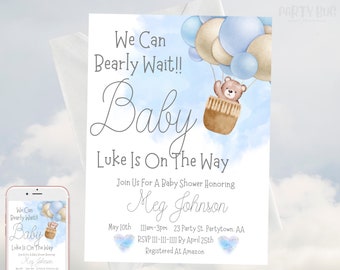 Editable Teddy Bear Hot Air Balloon Invitation, Boy Bear Balloons Baby Shower Invitations, We Can Bearly Wait Invites, Digital Download