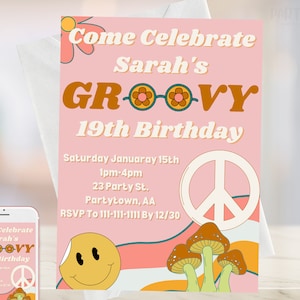 Editable 70&#39;s Themed Birthday Party Invitation, Retro Birthday Party Invitation, Back to the 70s Invitation, Groovy Invite, Digital Download