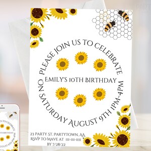 Editable Sunflower Birthday Invitation, Sunflower Summer Birthday Invitation, Printable Floral Girl&#39;s Birthday Invite, Digital Downlaod