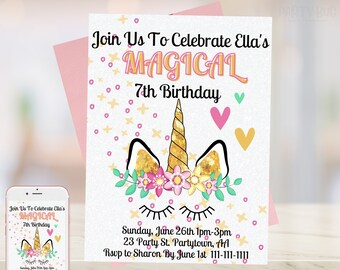 May include: A white invitation with a gold glitter unicorn head, pink and yellow flowers, and the text "Join Us To Celebrate Ella's Magical 7th Birthday". The invitation also includes the date, time, location, and RSVP information.