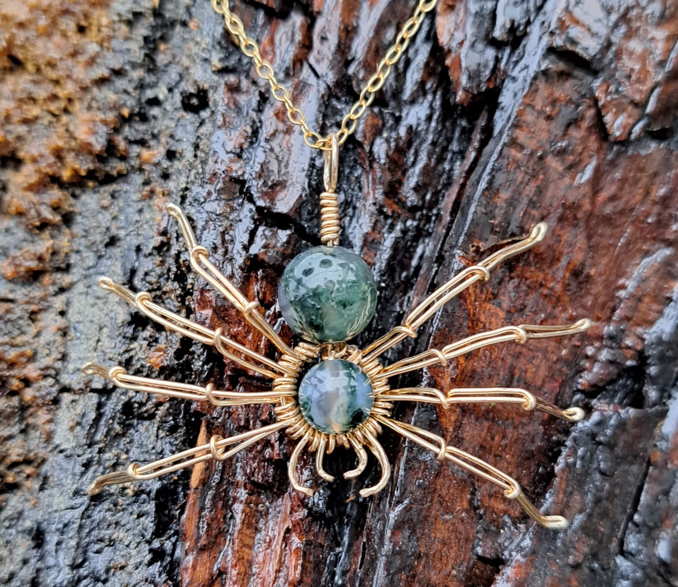 Gold Spider Necklace in 30 Stone Types Wirewrapped Jewelry