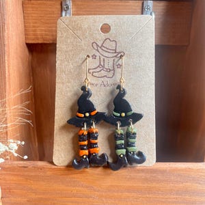 Handmade Clay Witch Hat with Boot Dangle Earrings: Halloween Jewelry