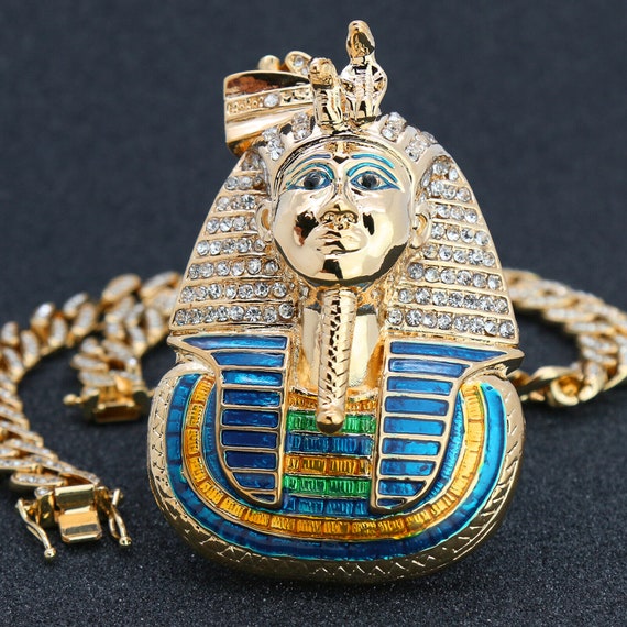 Necklace Large Pendant Pharaoh King Tut Gold Plated Cubic