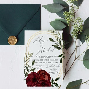 Burgundy Flowers Wedding Invitation Editable, Personalized for Instant Download, Fall Wedding Invitation, Winter Wedding