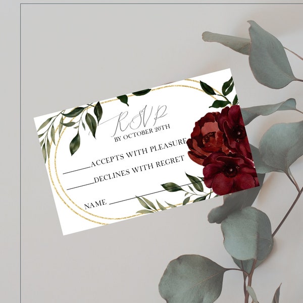 Burgundy Flowers RSVP Card Response Card for Wedding