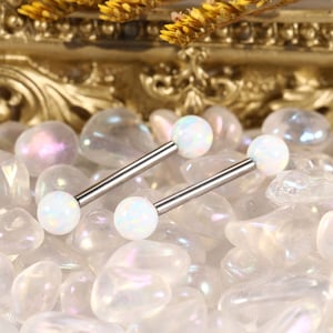 14G G23 Solid Titanium White Opal Shield Nipple Barbell Internally Threaded Tongue Ring