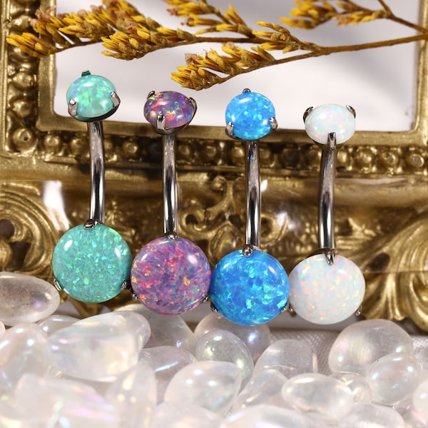 G23 Titanium Belly Button Rings 14G 3/8 Inch (10mm) Prong Set Double Round Droplets Opal Navel Piercing Ring