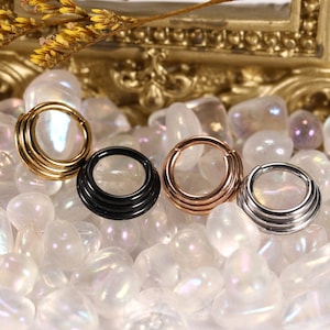 May include: Four different colored, triple-layered, seamless, circular, body piercing rings. The rings are made of surgical steel and are available in gold, rose gold, black, and silver.