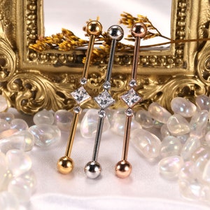 316L Surgical Steel Square CZ Industrial Rod Industrial Piercing Jewelry 14G-38mm Industrial Barbell Cartilage Earrings