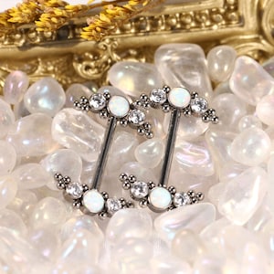 Nipple Barbell G23 Titanium 14g Nipple Rings White Opal&CZ Silver Body Piercing Jewelry