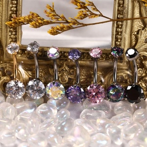 Implant Grade Titanium Internally Threaded Top Double Round Crystal Bezel Set Belly Button Rings 14G-10mm
