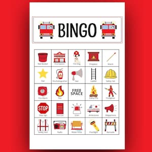 May include: A white bingo card with a red border featuring illustrations of fire-related items. The word "BINGO" is at the top, flanked by fire truck graphics. Icons include a fire station, fire dog, fire extinguisher, and more.