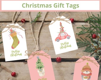 Christmas Gift Tags, Printables Pastel Holiday Tags, Adorable Christmas Characters, Pink Favor Hang Tags, Merry Christmas Tags, Pastel Tags