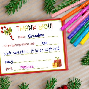 子供向けのクリスマス サンキュー カード、印刷可能な空欄を埋めるクリスマス フラット ノート カード、子供向けの独自のサンキュー カードを作成します。