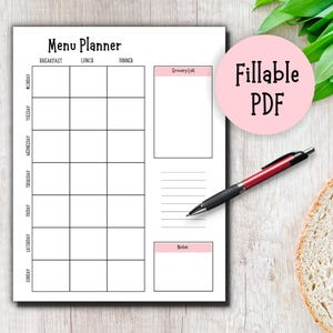 Weekly Meal Planner, Fillable Meal Plan, Grocery List Printable, Meal ...