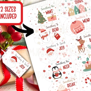 Lot d'étiquettes cadeaux de Noël - quelque chose que vous voulez - besoin - porter - lire - étiquettes cadeaux de vacances pour enfants - étiquettes cadeaux imprimables - étiquettes cadeaux bricolage