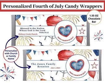 Personalized 4th of July Candy Bar Wrapper, DIY Candy Bar labels, Family Reunion, Church Picnic, Printable Party Favor, Bible Verse