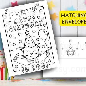 Cat Birthday Coloring Card and Printable Envelope, DIY Happy Birthday ...