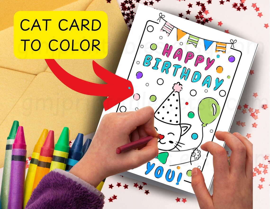 Cat Birthday Coloring Card and Printable Envelope, DIY Happy Birthday ...
