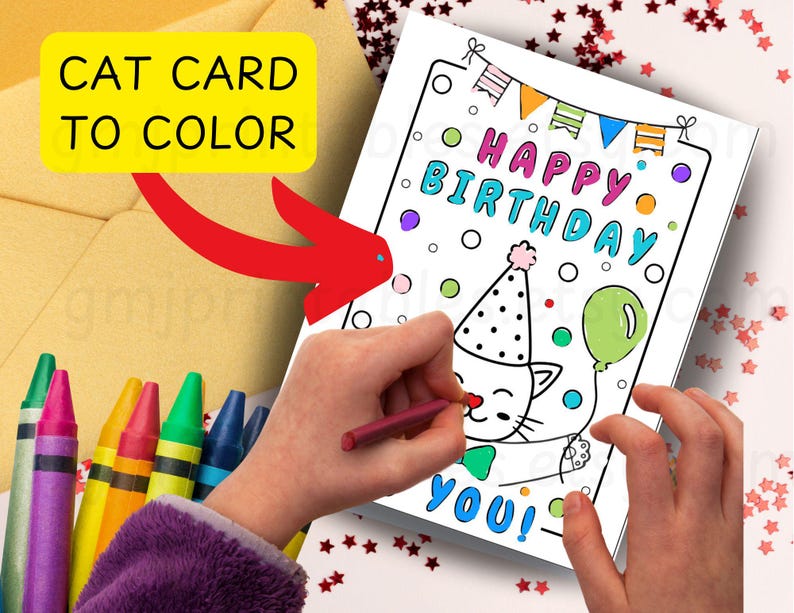 Cat Birthday Coloring Card and Printable Envelope, DIY Happy Birthday ...