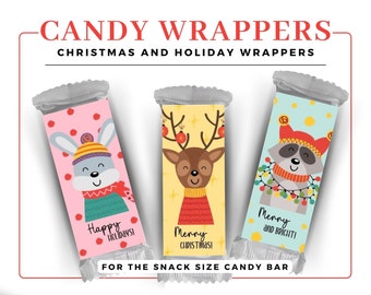 Holiday Snack Size Candy Bar Wrappers, Printable Candy Labels, Christmas Candy Party Favors, Fun Characters, Merry Christmas, Happy Holidays