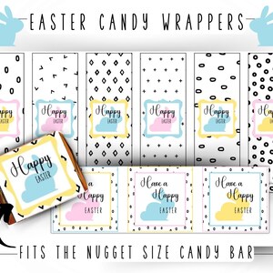 May include: Printable Easter candy bar wrappers with different patterns and the text "Happy Easter" and "Have a Happy Easter".