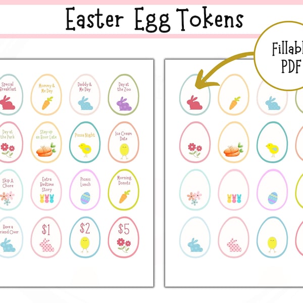 Easter Egg Tokens, Printable  Easter Reward Token,  Easter Basket Stuffers For Kids,  Easter Egg Hunt, Easter Scavenger Hunt, Fillable PDF