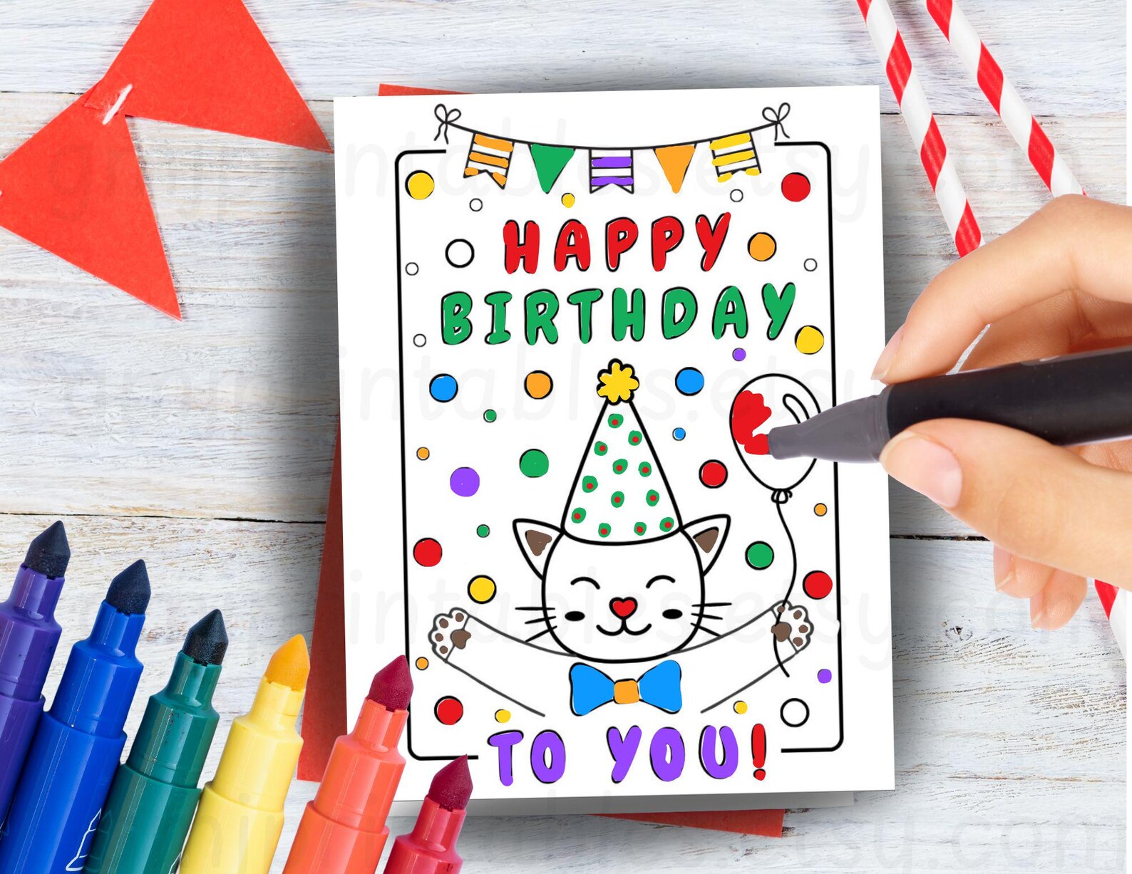 Cat Birthday Coloring Card and Printable Envelope, DIY Happy Birthday ...