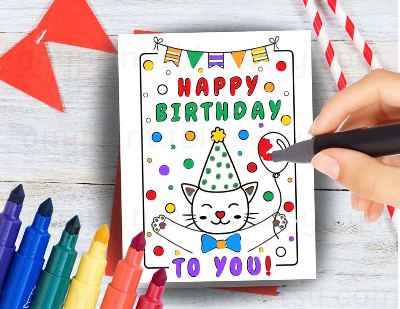 Cat Birthday Coloring Card and Printable Envelope, DIY Happy Birthday ...