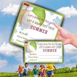 Spiel Datum Kontaktkarten, druckbare Kinder Visitenkarten für die Sommerpause, lassen Sie uns spielen, abhängen und in Kontakt bleiben, Kinder Visitenkarten, 2 Größen