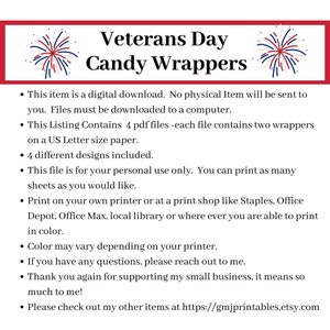 Veterans Day Candy Bar Wrappers, Military Appreciation, Patriotic Candy ...