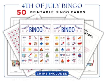 4th of July Bingo, Patriotic Bingo, 4th of July Games, Independence Day, Printable Games for Kids, 50 Unique Bingo Cards, Family Reunion