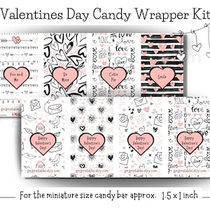 May include: Printable Valentine's Day candy bar wrappers with various designs featuring hearts, love-themed text, and cute illustrations. The wrappers are designed for miniature candy bars, approximately 1.5 inches by 1 inch.