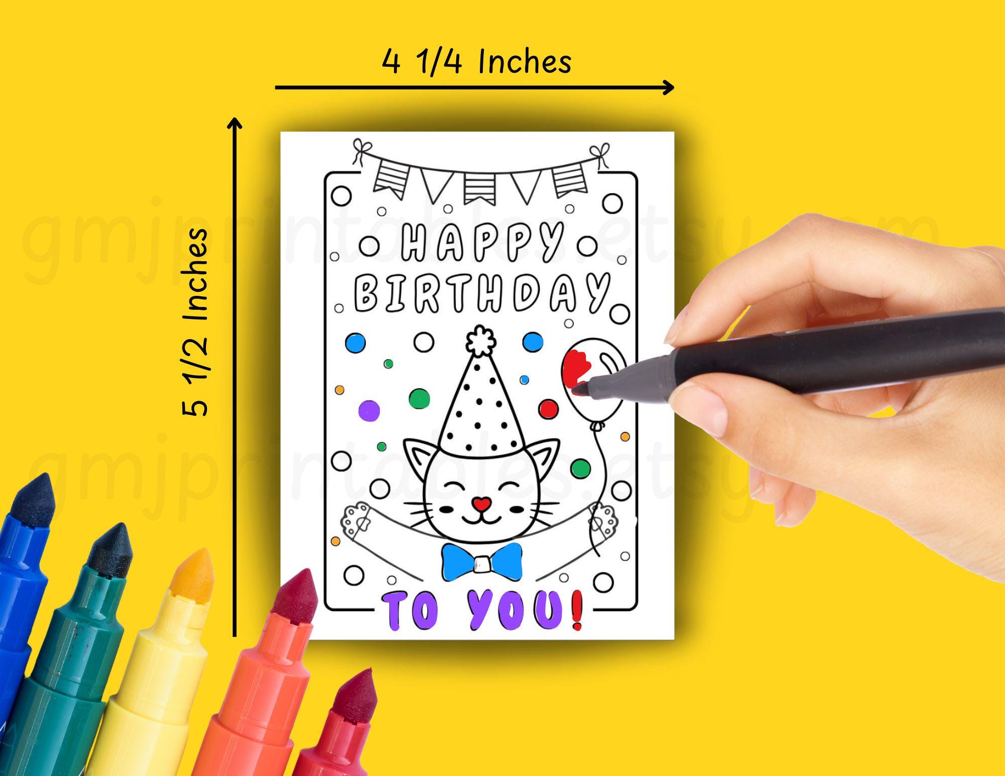 Cat Birthday Coloring Card and Printable Envelope, DIY Happy Birthday ...