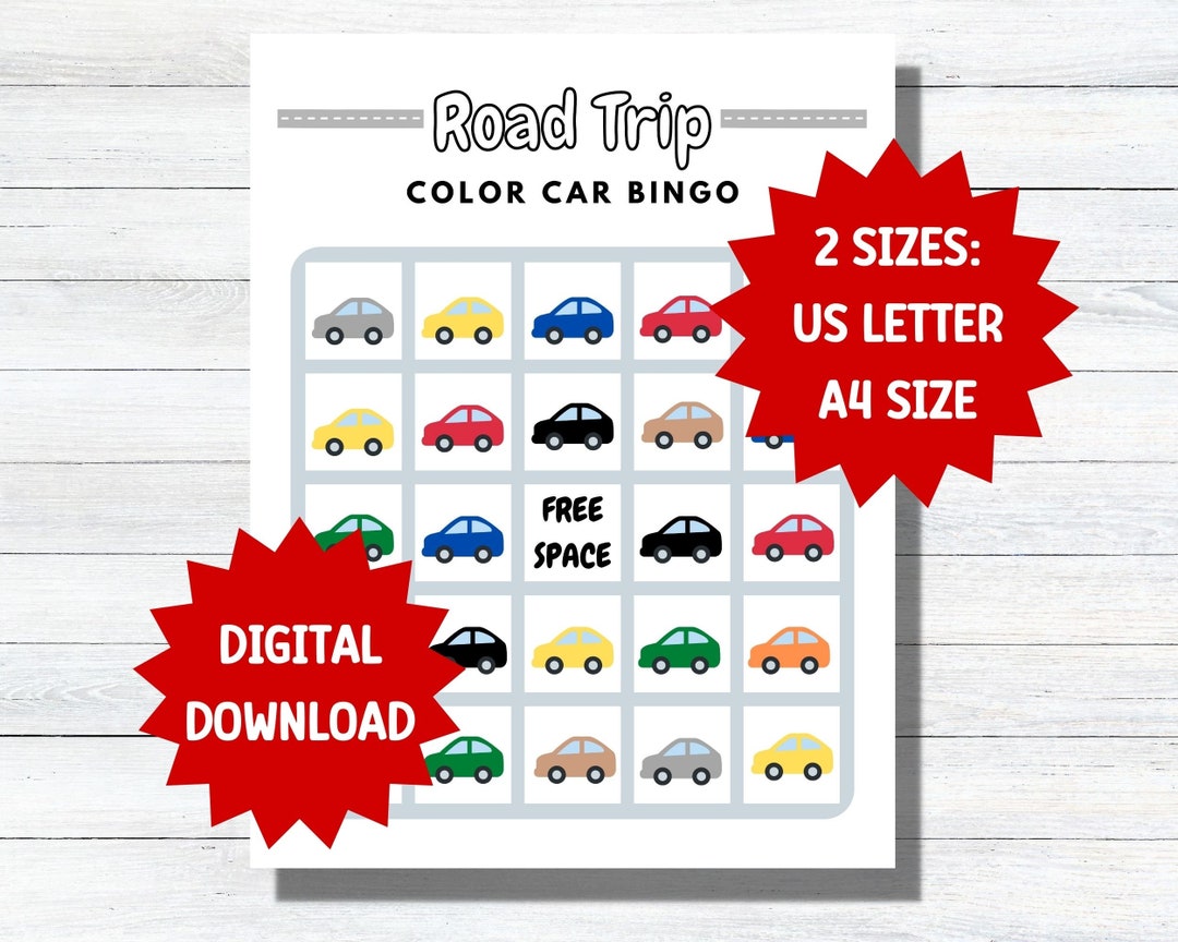 Road Trip Color Car Bingo Printable for Kids, Simple Road Trip Activity