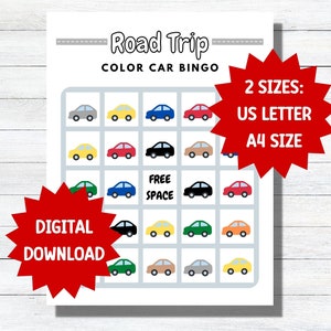 Road Trip Color Car Bingo printable for kids, Simple Road Trip Activity for your next family Road Trip vacation. Fun and interactive.