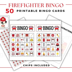 Bingo de Bomberos, Juegos Imprimibles para Niños, Juegos de Aula, Juego de Fiesta de Cumpleaños, Bingo de Ducha de Bomberos, 50 Tarjetas de Bingo Únicas, Baby Shower