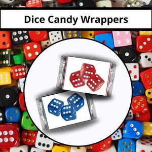 Würfel Bonbonpapiere, Miniaturgröße Bonbonetiketten, Familien Spielabend Bonbons, druckbare Bonbonverpackungen, Würfel Bonbonetiketten