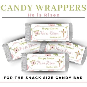May include: Four printable candy bar wrappers with a floral design and the text "Happy Easter" "He is Risen" and "Matthew 25:6". These wrappers are designed for snack-sized candy bars.