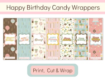 Happy Birthday Candy Wrappers, DIY Chocolate Candy Labels, DIY Birthday Gift, Printable Chocolate Candy Wrappers, Party Favors