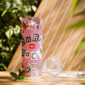 Burn Book Skinny Tumbler with Straw, 20oz | Mean Girls Inspired Drinkware, Custom Travel Cup, Gift for Fans, Pink Glitter Design, Summer