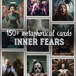 150+ digitale metaforische associatieve kaarten, angst ontmaskerd, innerlijke angst, contemplatieve systeemkaarten, tarot, metafoorkaarten, therapietool