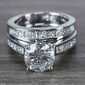 Round & Princess Cut CZ Stone Ring Set, Woman&#39;s Engagement Ring Set, Wedding Bridal Ring Set, Channel Set Ring, Anniversary Gift For Her