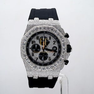 15.85CT White Round Moissanite Diamond Watch, Black Color Silicone Strap Watch, Special Occasion Watch For Him, Daily Wear Gift Watch