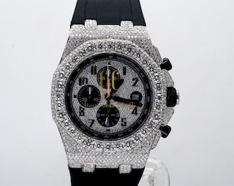 15.85CT White Round Moissanite Diamond Watch, Black Color Silicone Strap Watch, Special Occasion Watch For Him, Daily Wear Gift Watch